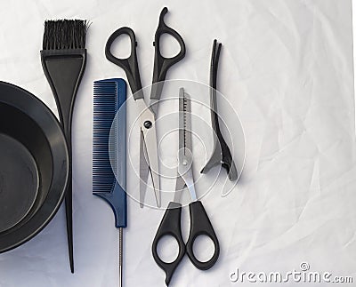 Flat composition with professional hairdressing tools, with copy space Stock Photo