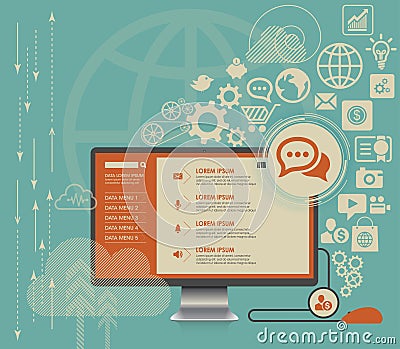 Flat computing background with social media icons Vector Illustration