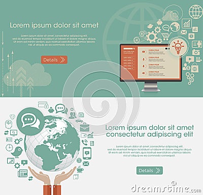 Flat computing and hands holding Earth with Social Media Icons Vector Illustration