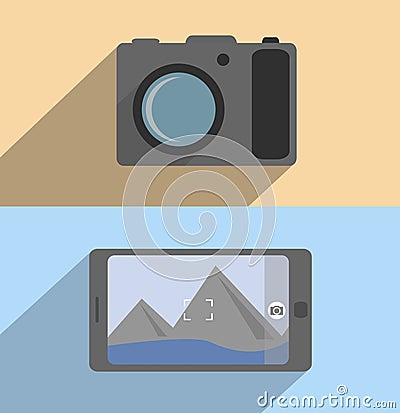 Flat concept camera and mobile phone. Vector Illustration