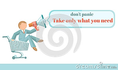 Flat concept illustration man on trolley with megaphone announces don`t panic Cartoon Illustration