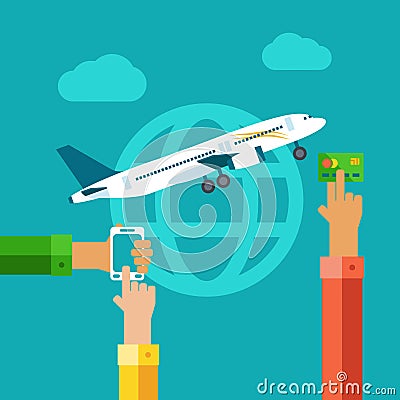 Flat concept of online paying for airplane tickets. Vector Illustration