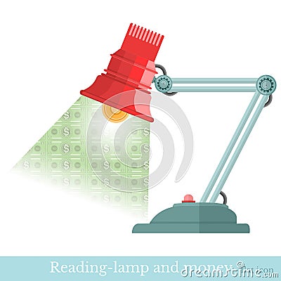 Flat concept reading-lamp and beam flashed money Vector Illustration