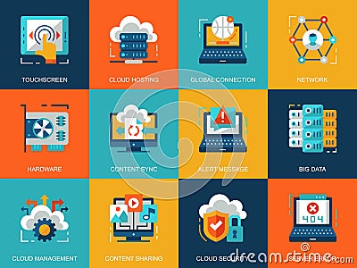 Flat conceptual cloud technology icons concepts set for website and mobile site and apps. Vector Illustration