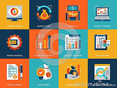 Flat conceptual global market economics icons concepts set for website and mobile site and apps Vector Illustration