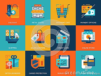 Flat conceptual shopping and e-commerce icons concepts set for website and mobile site and apps. Vector Illustration