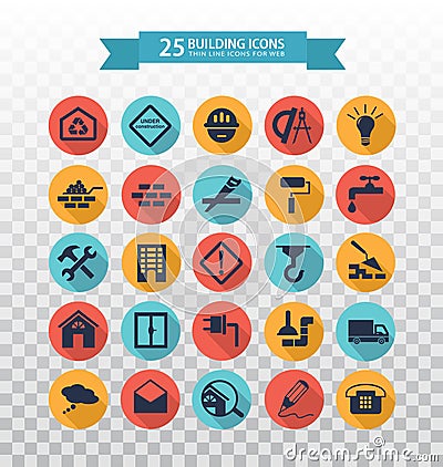 Flat construction icons. Web icons set - building, construction and home repair tools. Icons for construction company Vector Illustration