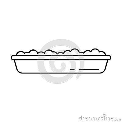 Flat container with poured substance icon. Food plate, washbowl with soap suds, cat litter toilet, building mixture. Black linear Vector Illustration