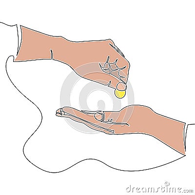 Flat continuous line art hand give alms concept Vector Illustration