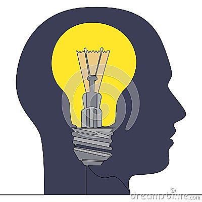 Flat continuous line art idea human head lightbulb Vector Illustration