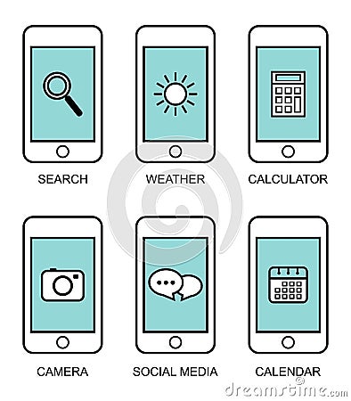 Flat contour modern smart phones with different user interface elements Vector Illustration