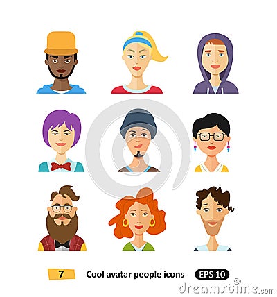 Flat cool avatars people set for social networks, mobile application or web design Vector Illustration