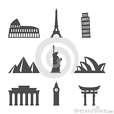 Flat cortoon realistic icons of Big Ben, Eiffel Tower, Egyptian pyramids, Coliseum Editorial Stock Photo