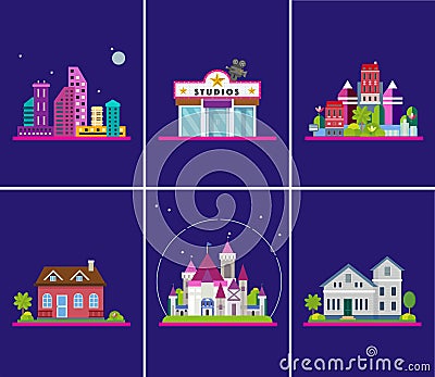 Flat cottages. Modern cottage houses suburban property. Vector Illustration