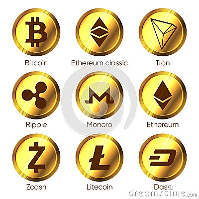 Flat cryptocurrencies icons of zcash, dash, tron, bitcoin, ether Vector Illustration