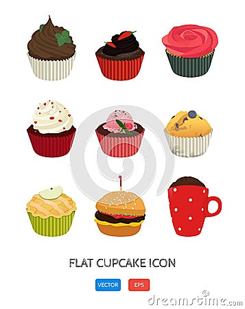 Flat cupcake icon. Vector application food set. Food icons. Poster with nine delicious desserts. Cute illustration for print, web Vector Illustration