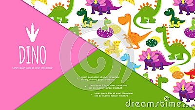 Flat Cute Funny Dinosaurs Composition Vector Illustration