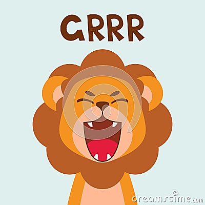 Flat cute lion open mouth roar. Trendy Scandinavian style. Cartoon animal character vector illustration isolated on background. Vector Illustration