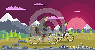 Flat Cycling Joint Leisure Parents and Children. Vector Illustration