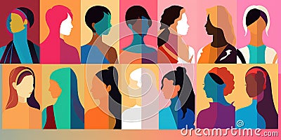 flat 2D graphical silhouettes of women of different nationalities and cultures in colorful banner, business women Stock Photo