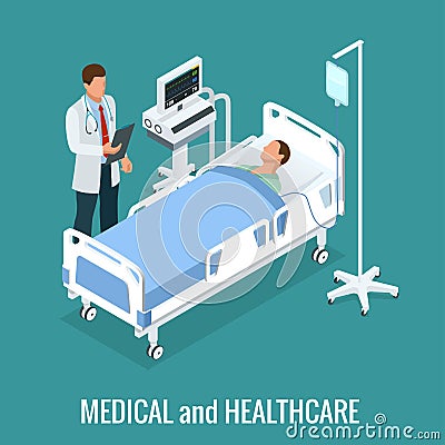 Flat 3D illustration Isometric interior of hospital room. Doctors treating the patient. Hospital clinic interior Vector Illustration