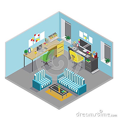 Flat 3d isometric abstract office floor interior departments concept vector. Vector Illustration