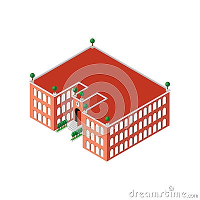 Flat 3d isometric building school or university with a clock and an open door as well as with green trees and bushes Vector Illustration