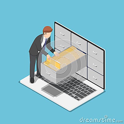 Isometric businessman manage document folders in cabinet inside the laptop screen Vector Illustration