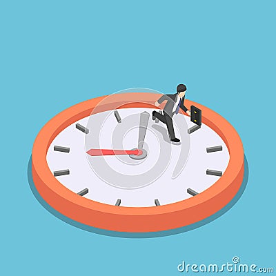 Isometric businessman running on big clock face Vector Illustration