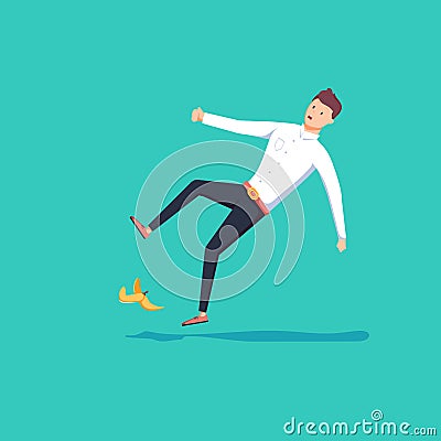 Flat 3d isometric businessman slipped on a banana peel. Business accident concept. Vector Illustration