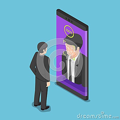 Isometric businessman use face scaning to unlock smartphone Vector Illustration