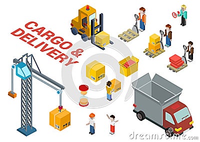 Flat 3d isometric cargo delivery shipment icon set template Vector Illustration