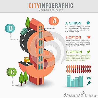 Flat 3D isometric city infrastructure infographics, dollar shape Vector Illustration