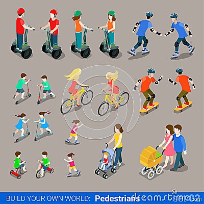 Flat 3d isometric city pedestrians on wheel transport icon set Vector Illustration