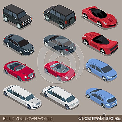 Flat 3d isometric city road transport icon set Vector Illustration