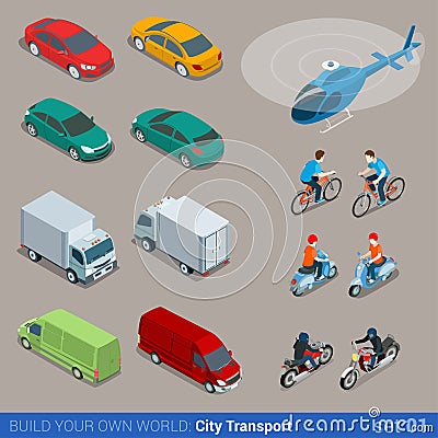 Flat 3d isometric city transport icon set Vector Illustration
