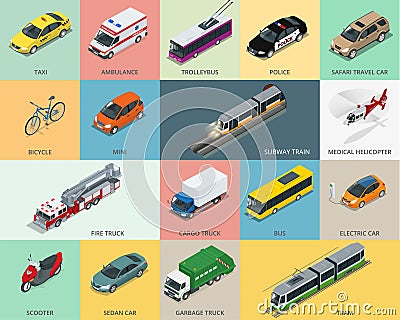 Flat 3d isometric city transport icon set. taxi Vector Illustration