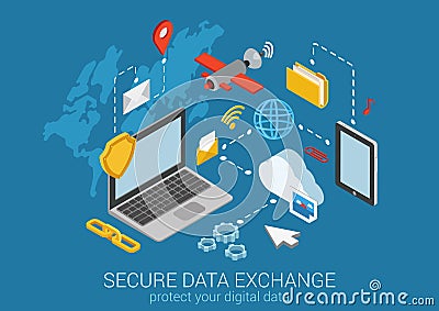 Flat 3d isometric data protection infographic concept vector Vector Illustration