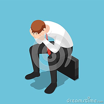 Isometric depressed businessman facepalm or cover his face by hands sit on business briefcase Vector Illustration