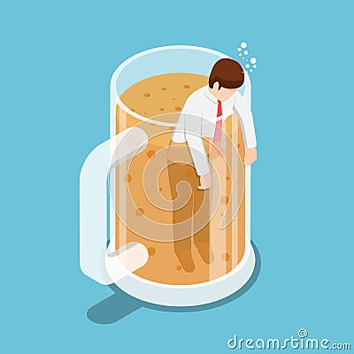 Isometric drunk businessman in beer mug. Vector Illustration