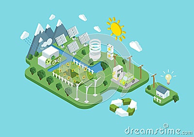 Flat 3d isometric ecology green renewable energy consumption Vector Illustration