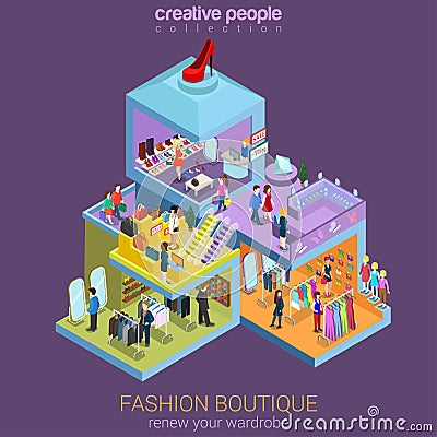 Flat 3d isometric fashion boutique shopping mall sale concept Vector Illustration