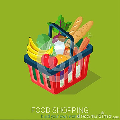 Flat 3d isometric food grocery shopping web infographics: cart Vector Illustration