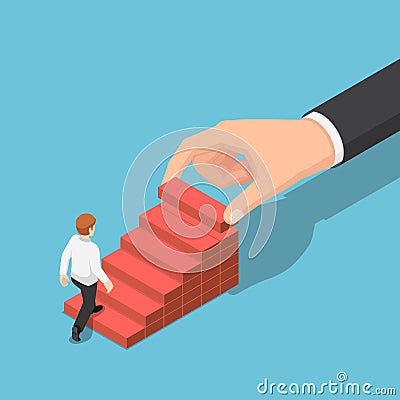 Isometric hand arranging wood block stacking as step stair to help businessman go up higher Vector Illustration