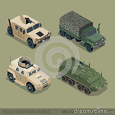 Flat 3d isometric high quality military road transport icon set Vector Illustration