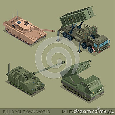 Flat 3d isometric high quality military vehicles icon set Vector Illustration