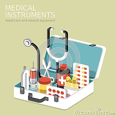 Flat 3d isometric infographic for medical instruments Vector Illustration