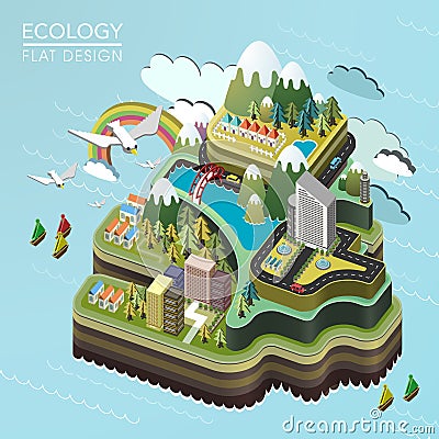 Flat 3d isometric lovely island landscape Vector Illustration