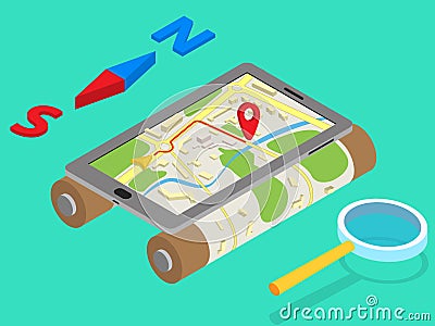 Flat 3d isometric mobile GPS navigation maps Vector Illustration