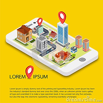 Flat 3d isometric mobile GPS navigation maps Stock Photo